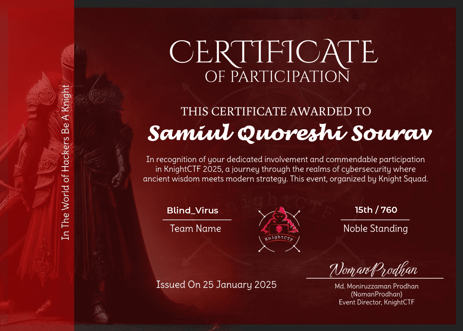 KnightCTF 2025 certificate