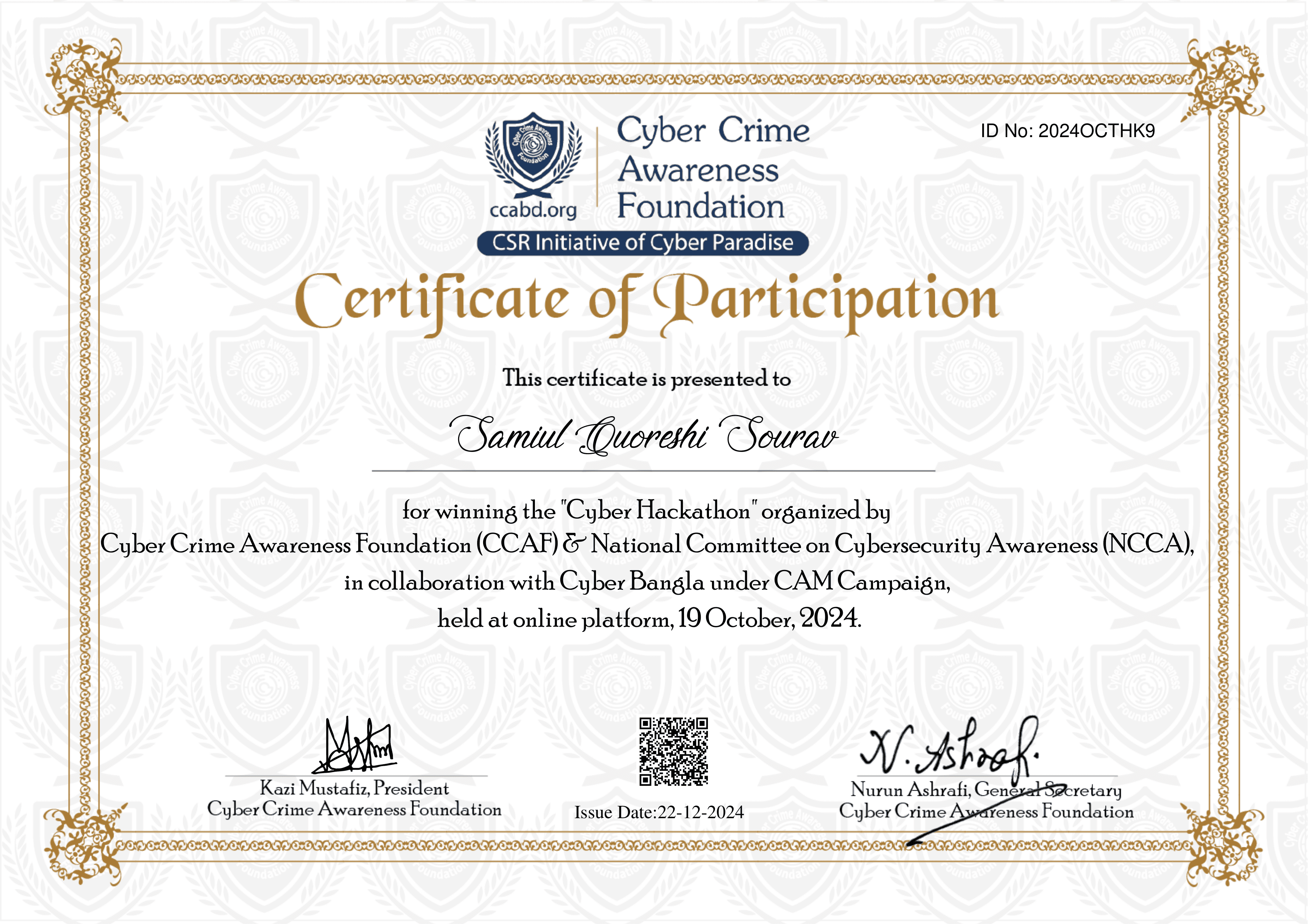 CCAF Cyber Hackathon 2024 certificate preview