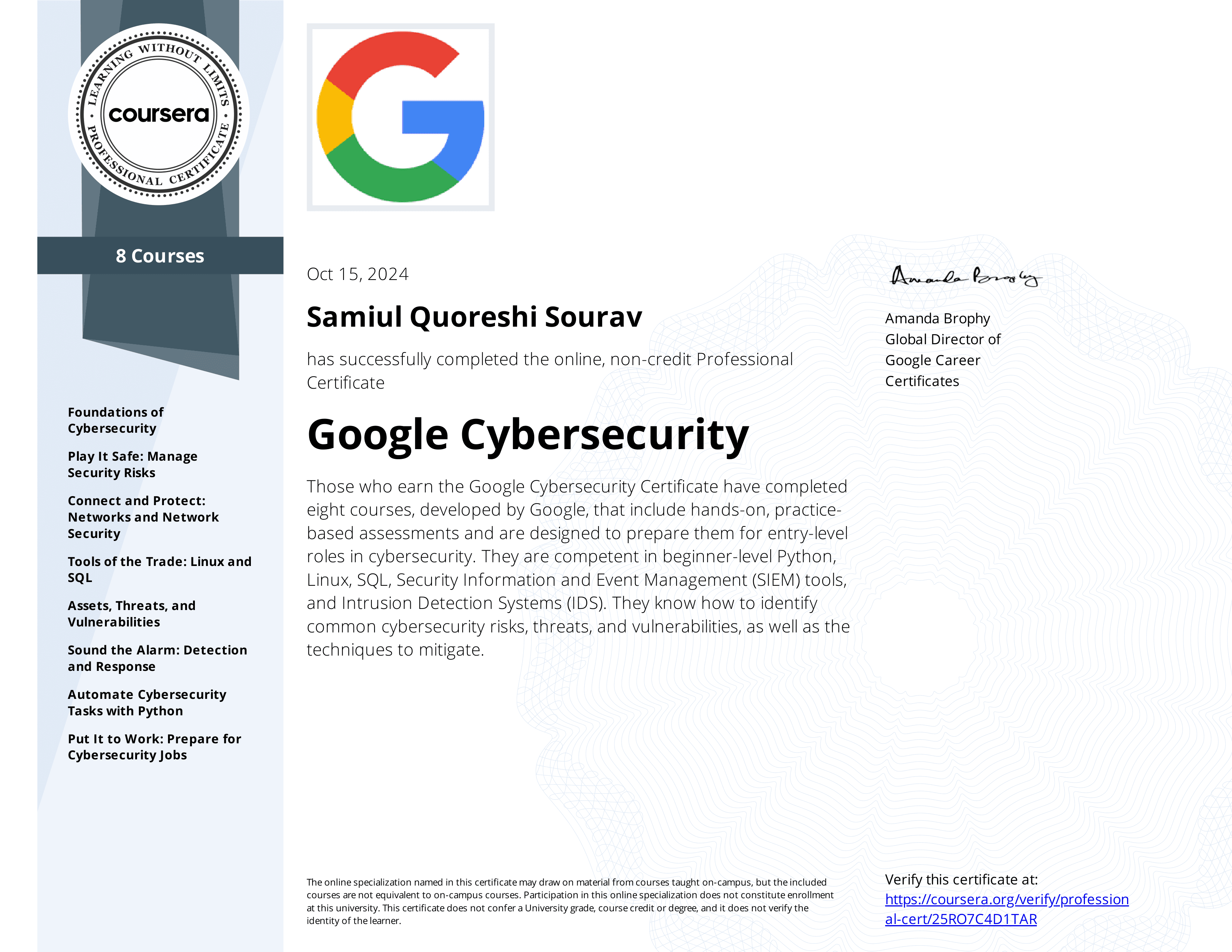Google Cybersecurity Professional Certificate preview